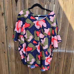 JODIFL Women's Abstract Pink and Green Blouse Size Large Loose Fit